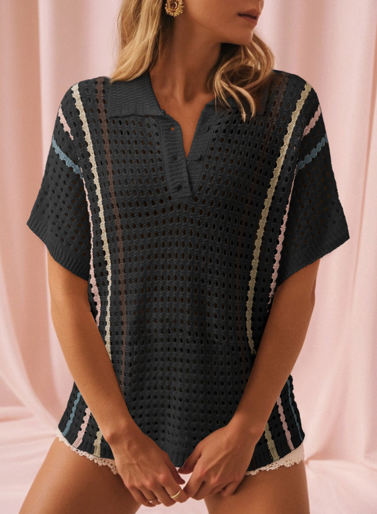 Polo Collar Hollowed Knit Contrast Trim Half Sleeve Sweater