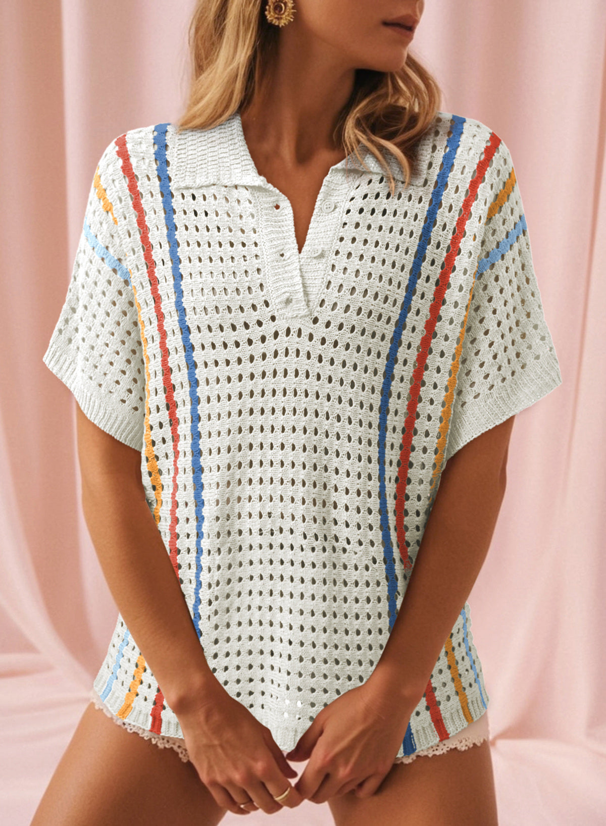 Polo Collar Hollowed Knit Contrast Trim Half Sleeve Sweater