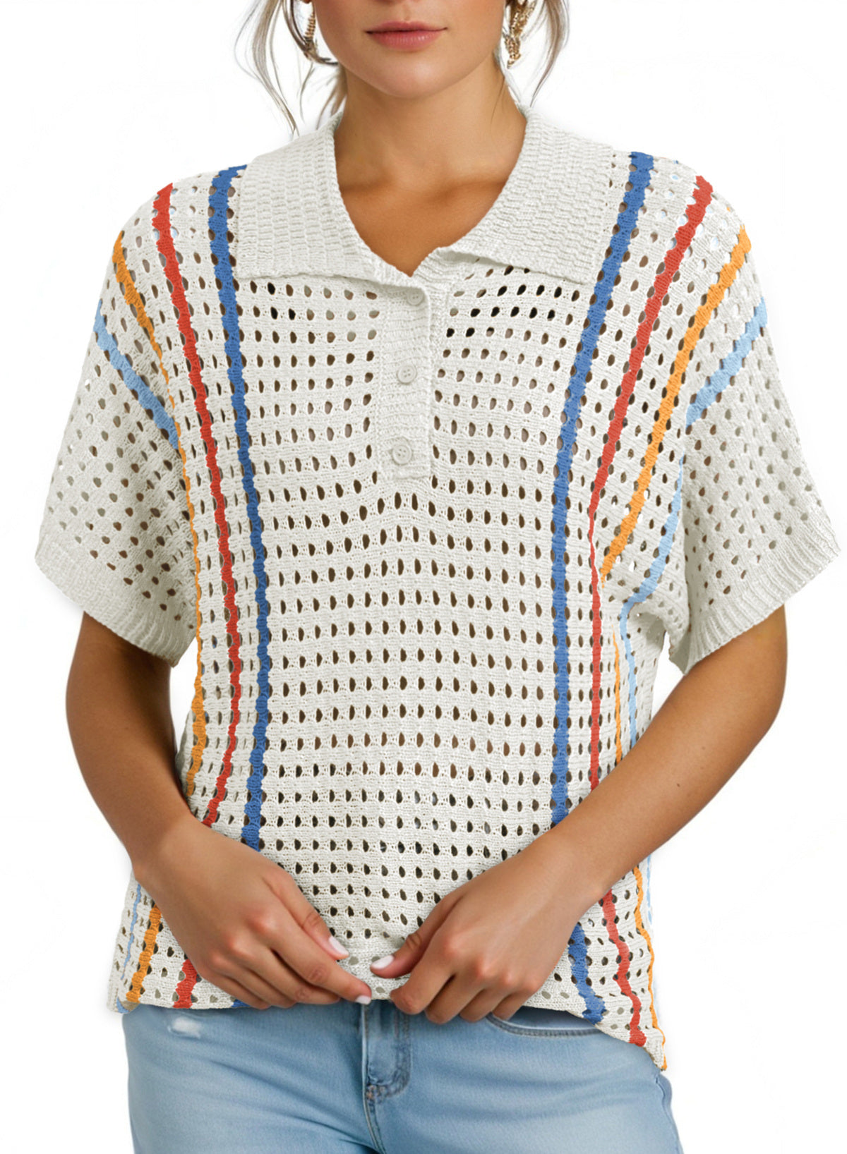 Polo Collar Hollowed Knit Contrast Trim Half Sleeve Sweater