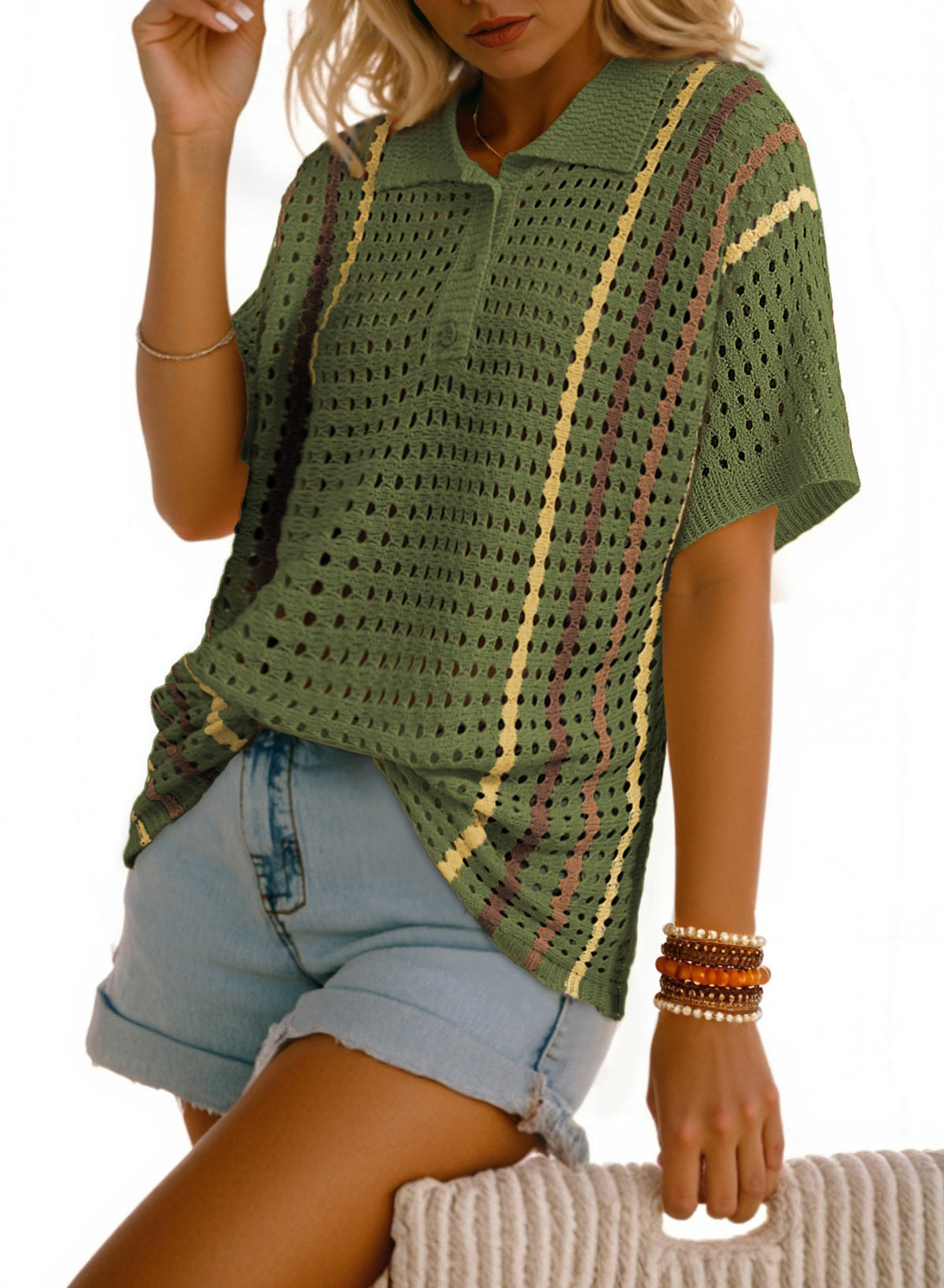Polo Collar Hollowed Knit Contrast Trim Half Sleeve Sweater