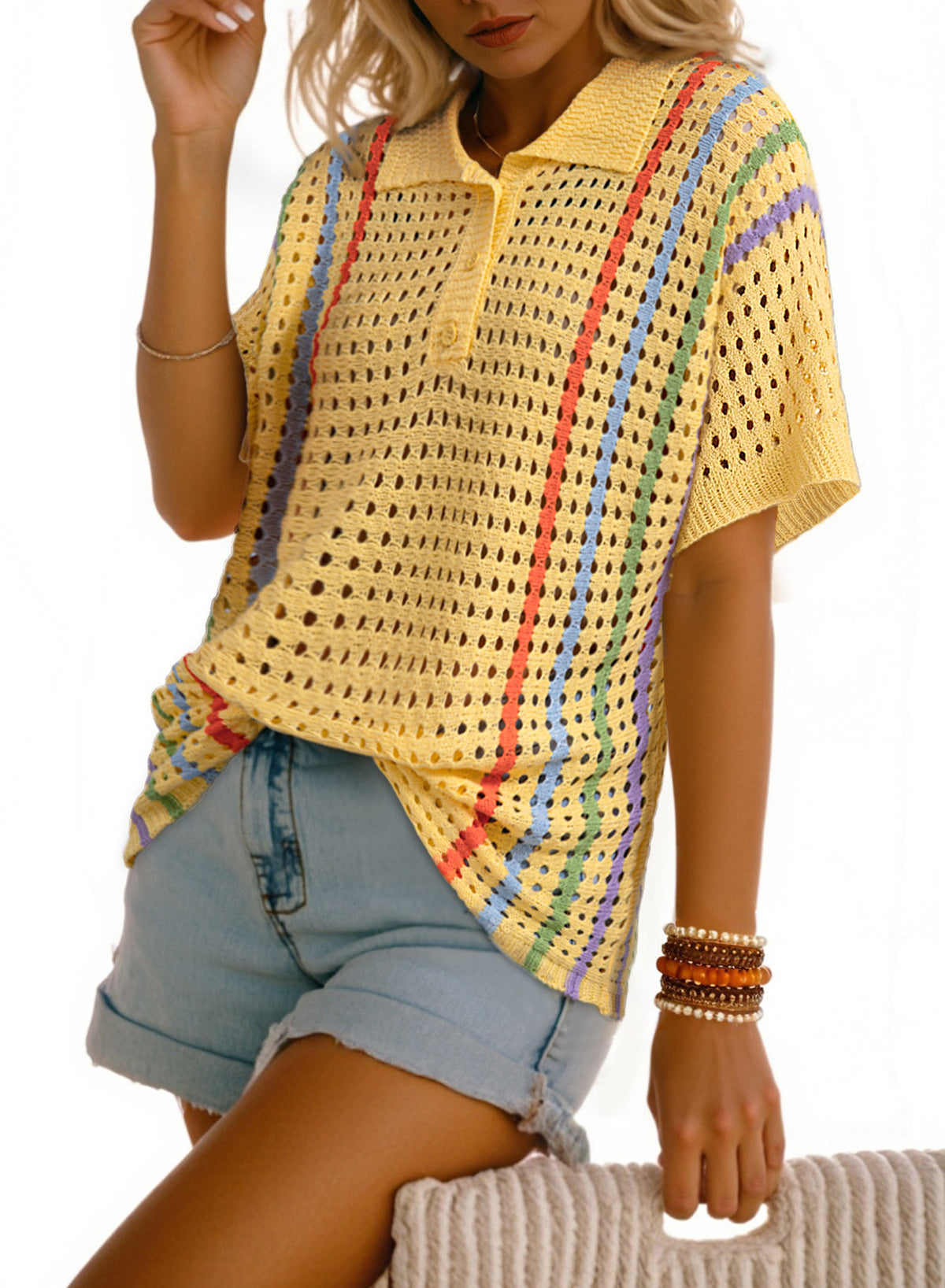 Polo Collar Hollowed Knit Contrast Trim Half Sleeve Sweater