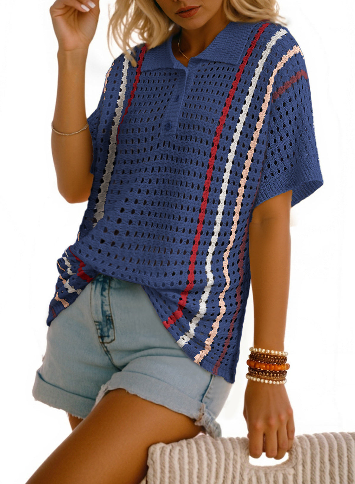 Polo Collar Hollowed Knit Contrast Trim Half Sleeve Sweater