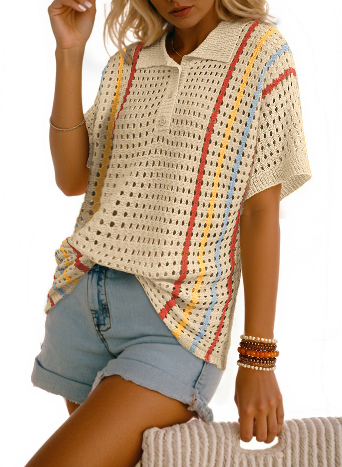Polo Collar Hollowed Knit Contrast Trim Half Sleeve Sweater
