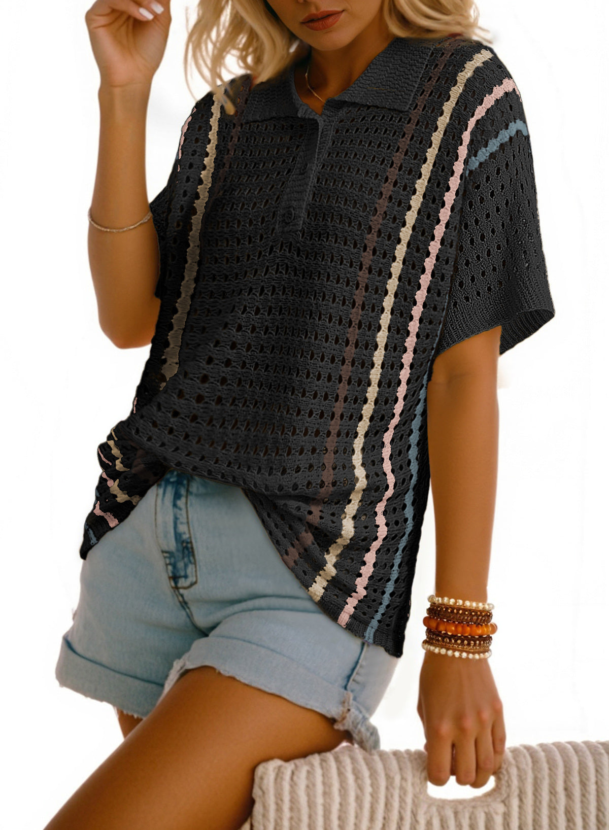 Polo Collar Hollowed Knit Contrast Trim Half Sleeve Sweater