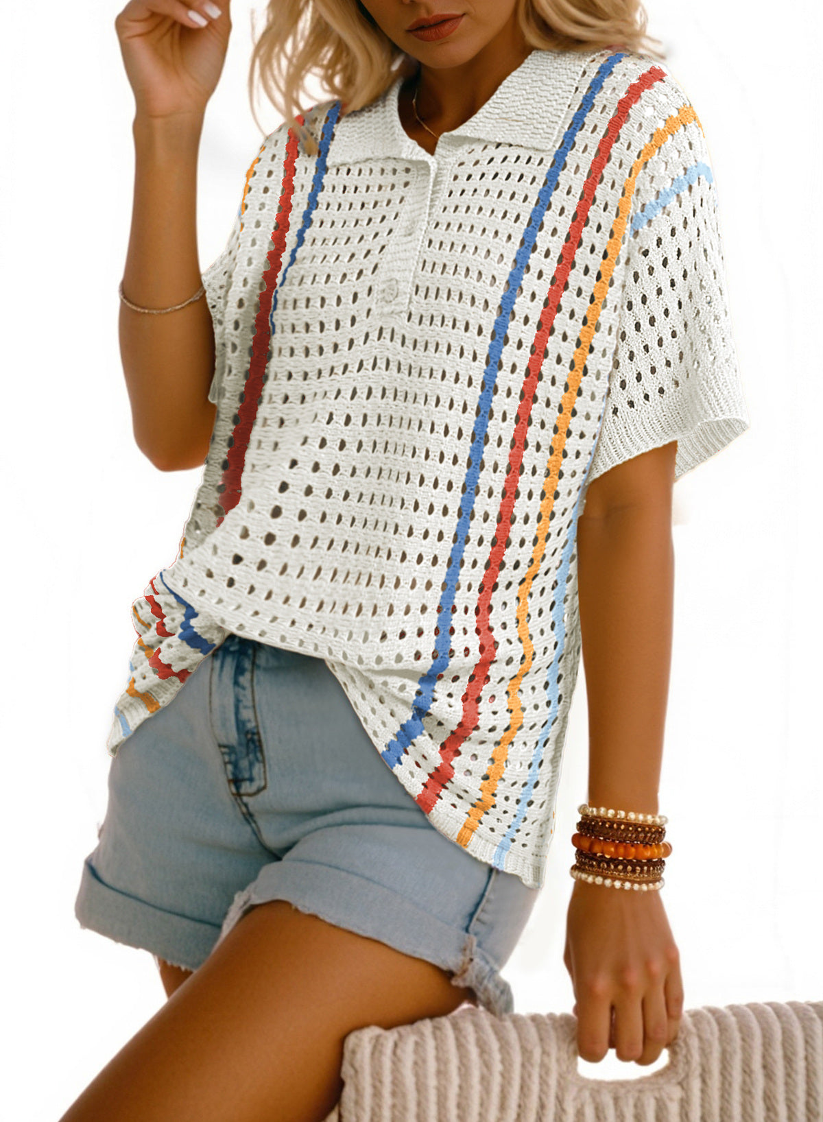 Polo Collar Hollowed Knit Contrast Trim Half Sleeve Sweater