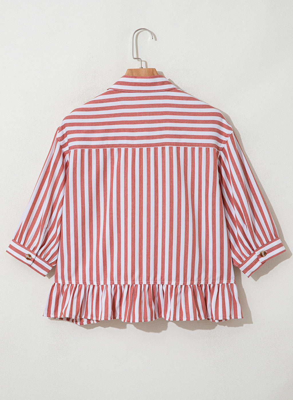 Womens Cropped Striped Button Down Shirts Ruffle 3/4 Length Sleeve Summer Tops Dressy Casual Blouses