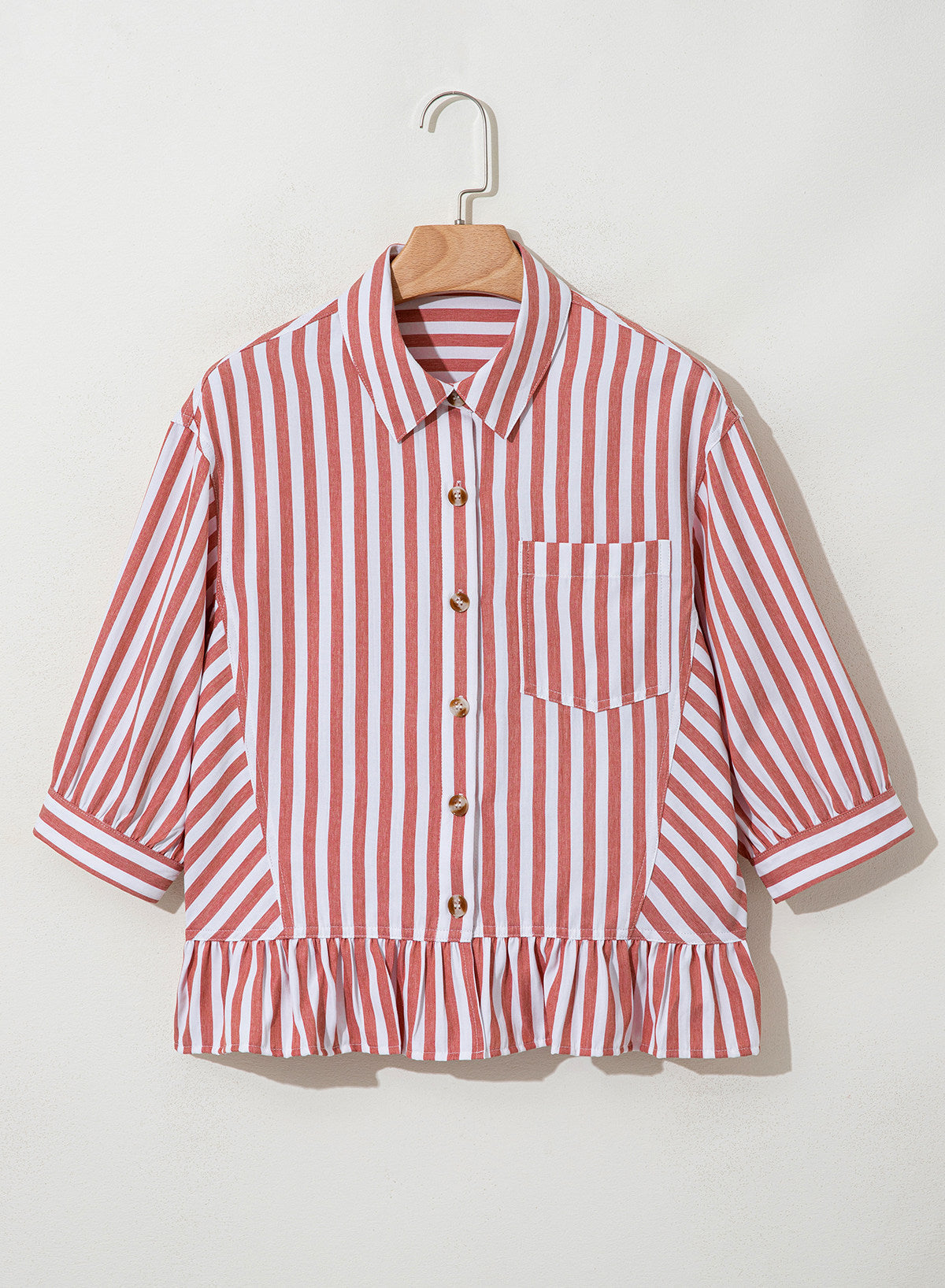 Womens Cropped Striped Button Down Shirts Ruffle 3/4 Length Sleeve Summer Tops Dressy Casual Blouses