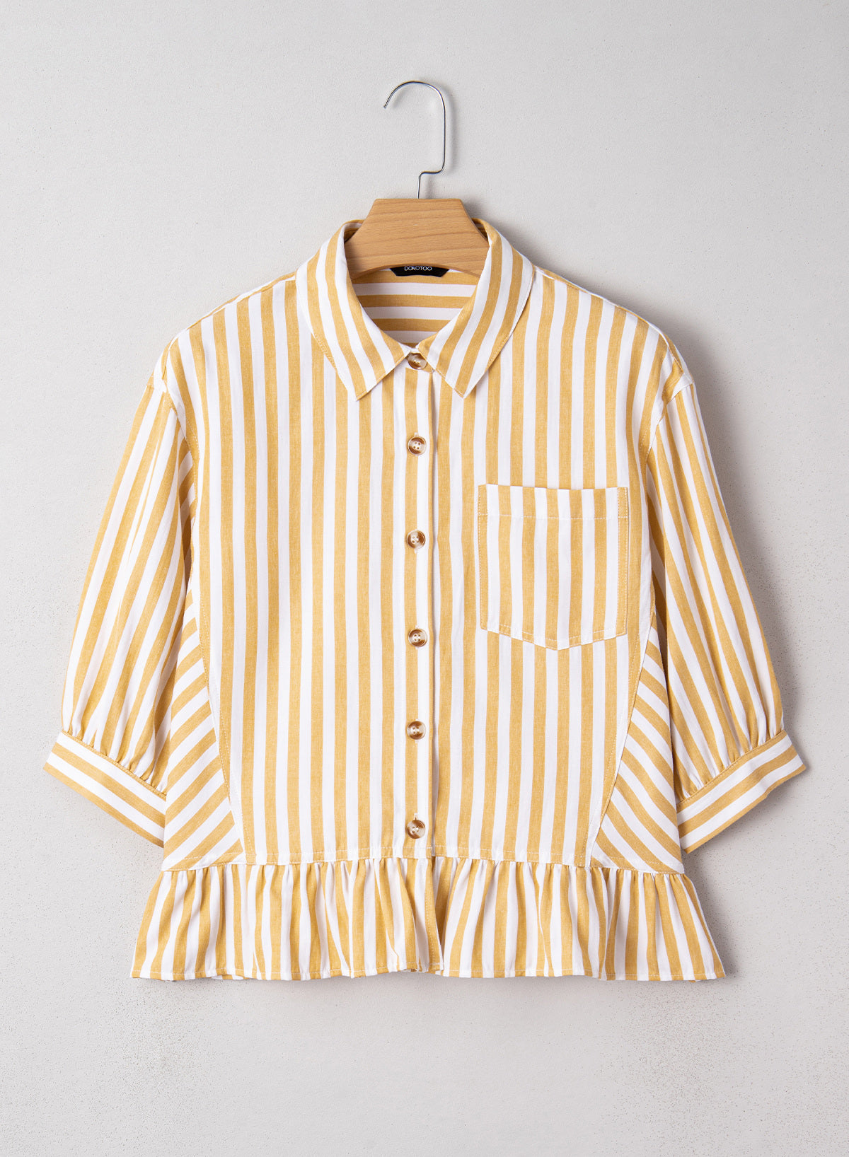 Womens Cropped Striped Button Down Shirts Ruffle 3/4 Length Sleeve Summer Tops Dressy Casual Blouses