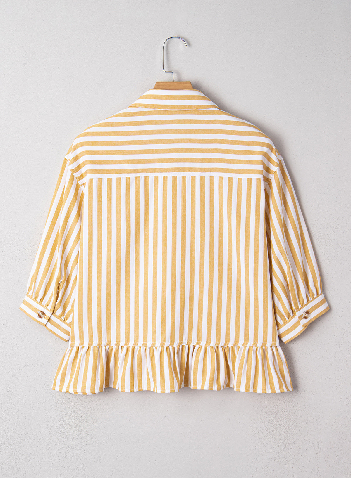 Womens Cropped Striped Button Down Shirts Ruffle 3/4 Length Sleeve Summer Tops Dressy Casual Blouses