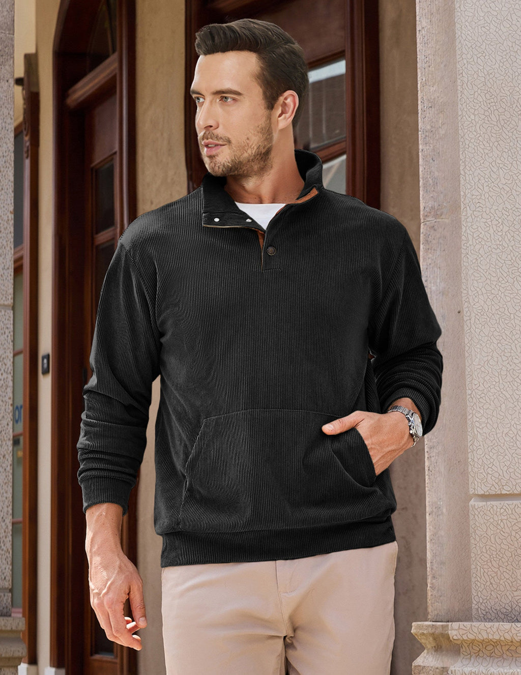 Dokotoo Men Men's Corduroy Sweatshirt Casual Long Sleeve Stand Collar Knitted Pullover Button Sweaters with Pockets