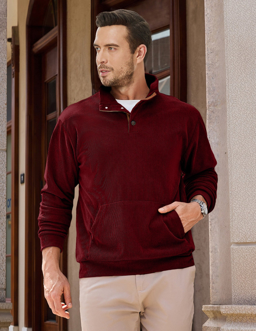 Dokotoo Men Men's Corduroy Sweatshirt Casual Long Sleeve Stand Collar Knitted Pullover Button Sweaters with Pockets
