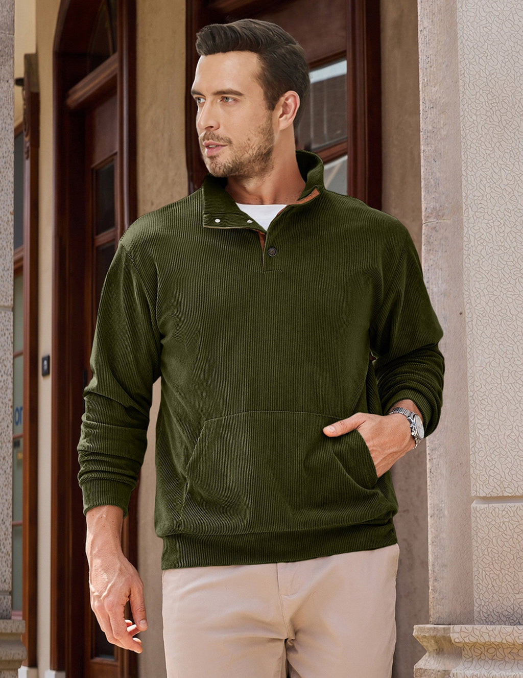 Dokotoo Men Men's Corduroy Sweatshirt Casual Long Sleeve Stand Collar Knitted Pullover Button Sweaters with Pockets