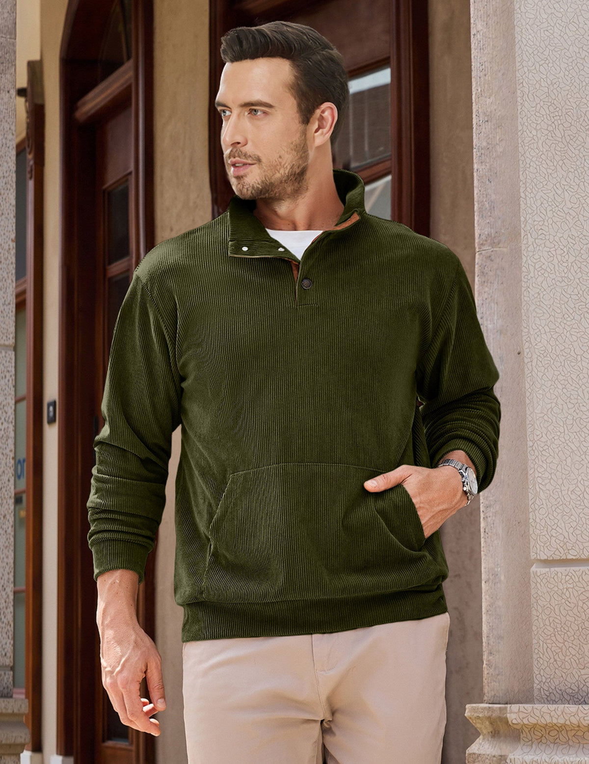 Dokotoo Men Men's Corduroy Sweatshirt Casual Long Sleeve Stand Collar Knitted Pullover Button Sweaters with Pockets