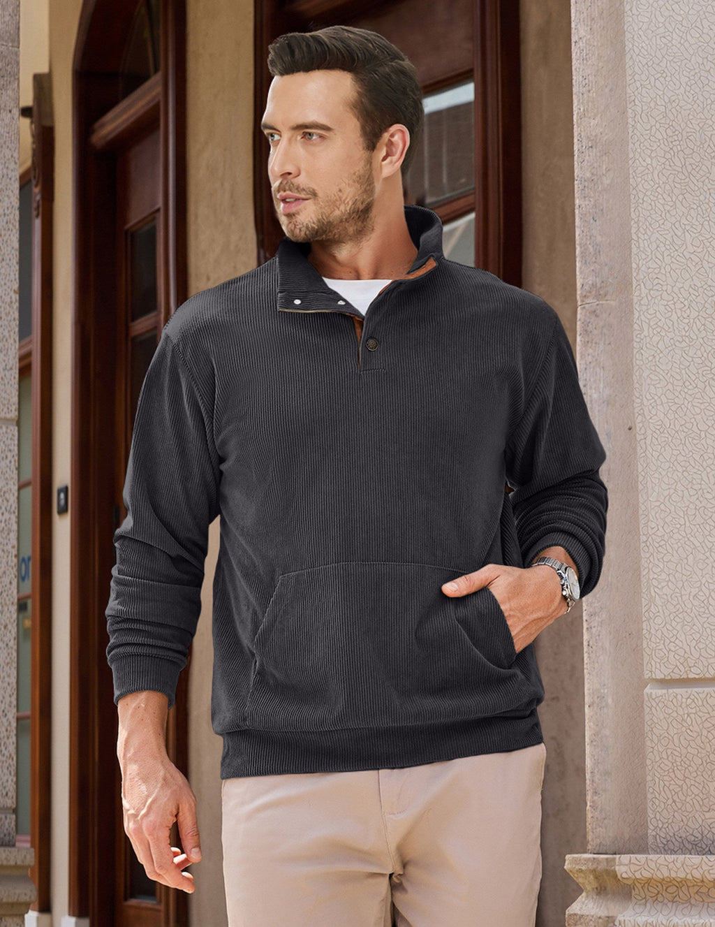 Dokotoo Men Men's Corduroy Sweatshirt Casual Long Sleeve Stand Collar Knitted Pullover Button Sweaters with Pockets