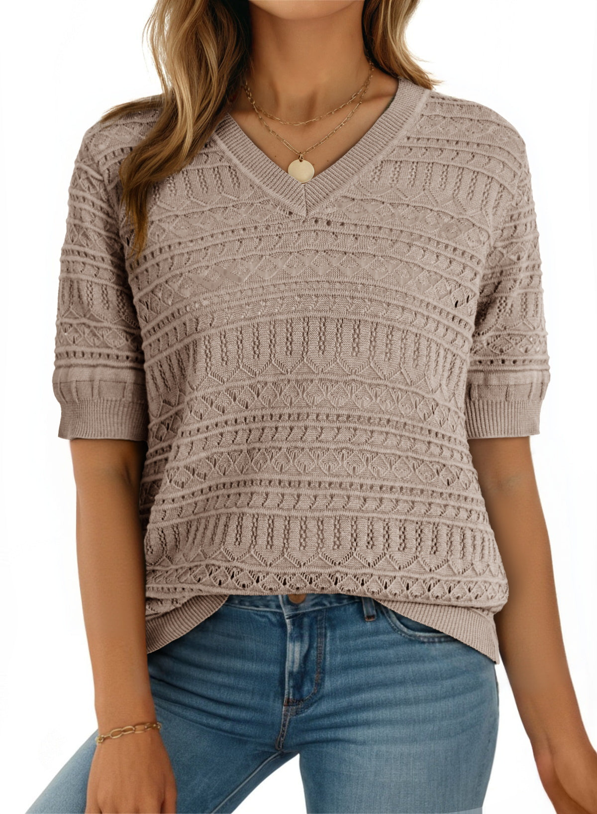V Neck Hollowed Pattern Knit Short Sleeve Loose Sweater