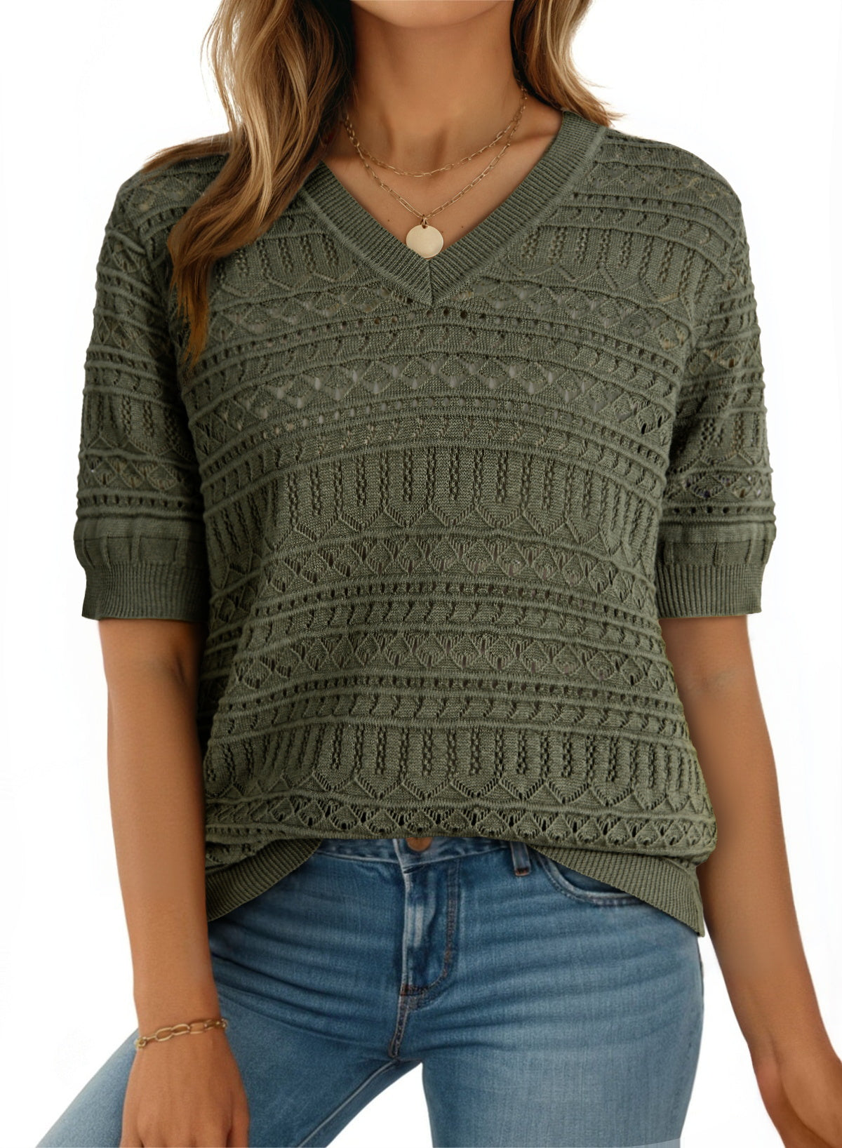 V Neck Hollowed Pattern Knit Short Sleeve Loose Sweater