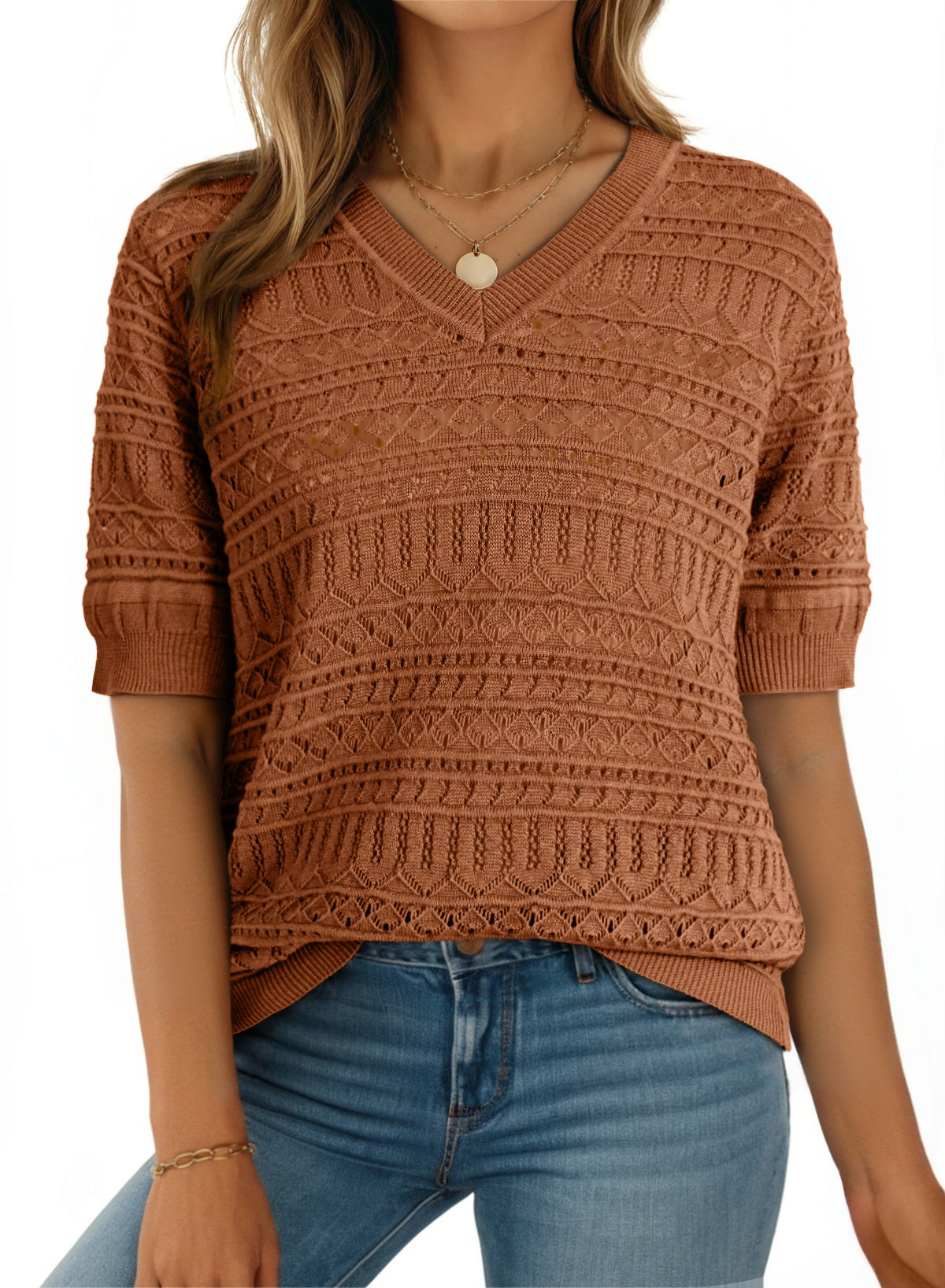 V Neck Hollowed Pattern Knit Short Sleeve Loose Sweater