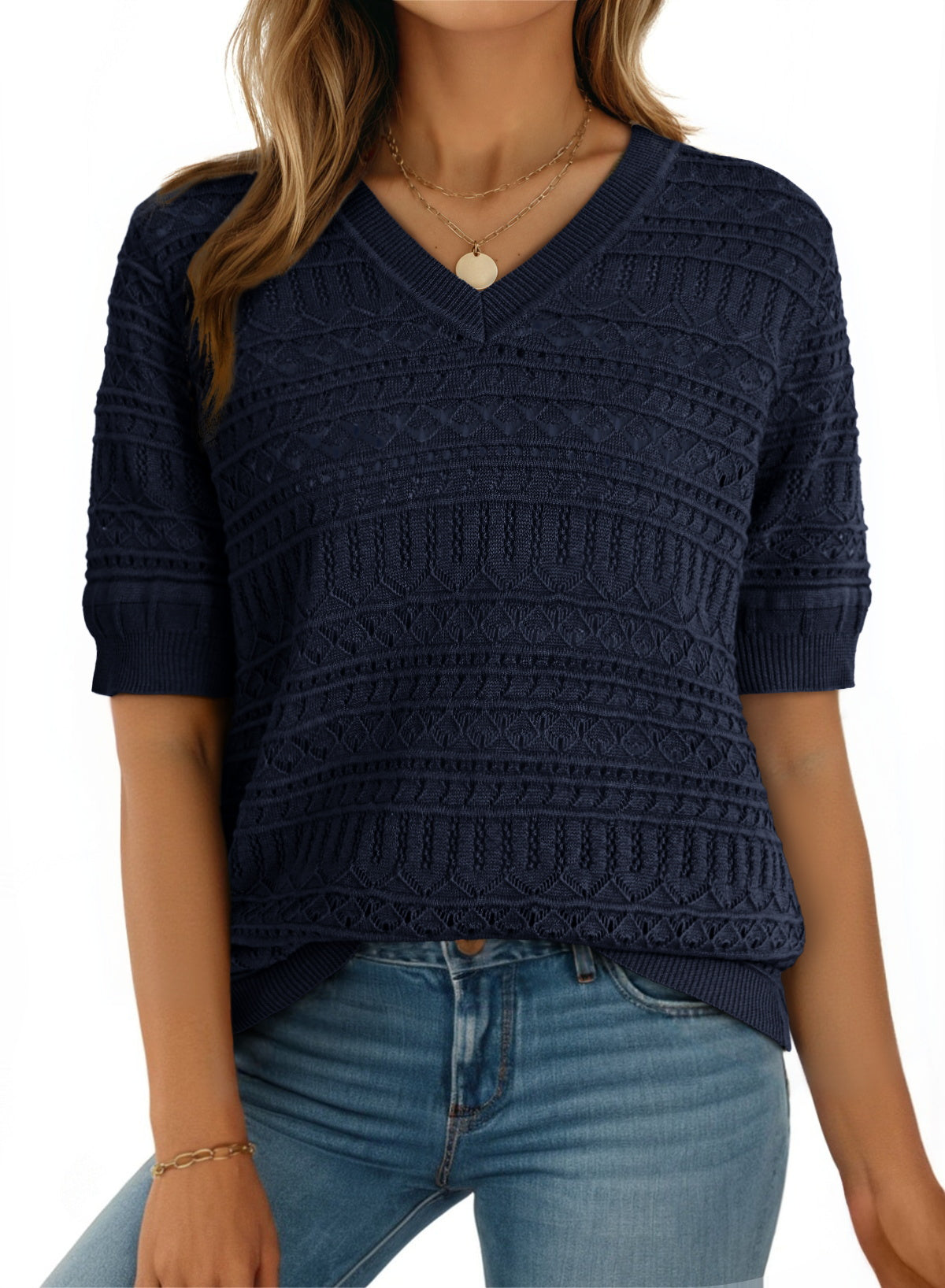 V Neck Hollowed Pattern Knit Short Sleeve Loose Sweater