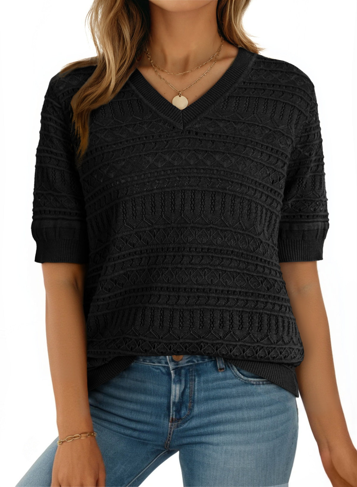 V Neck Hollowed Pattern Knit Short Sleeve Loose Sweater