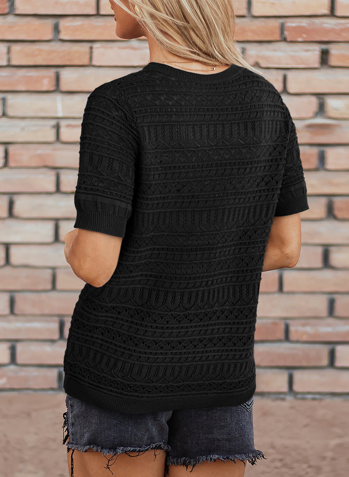 V Neck Hollowed Pattern Knit Short Sleeve Loose Sweater