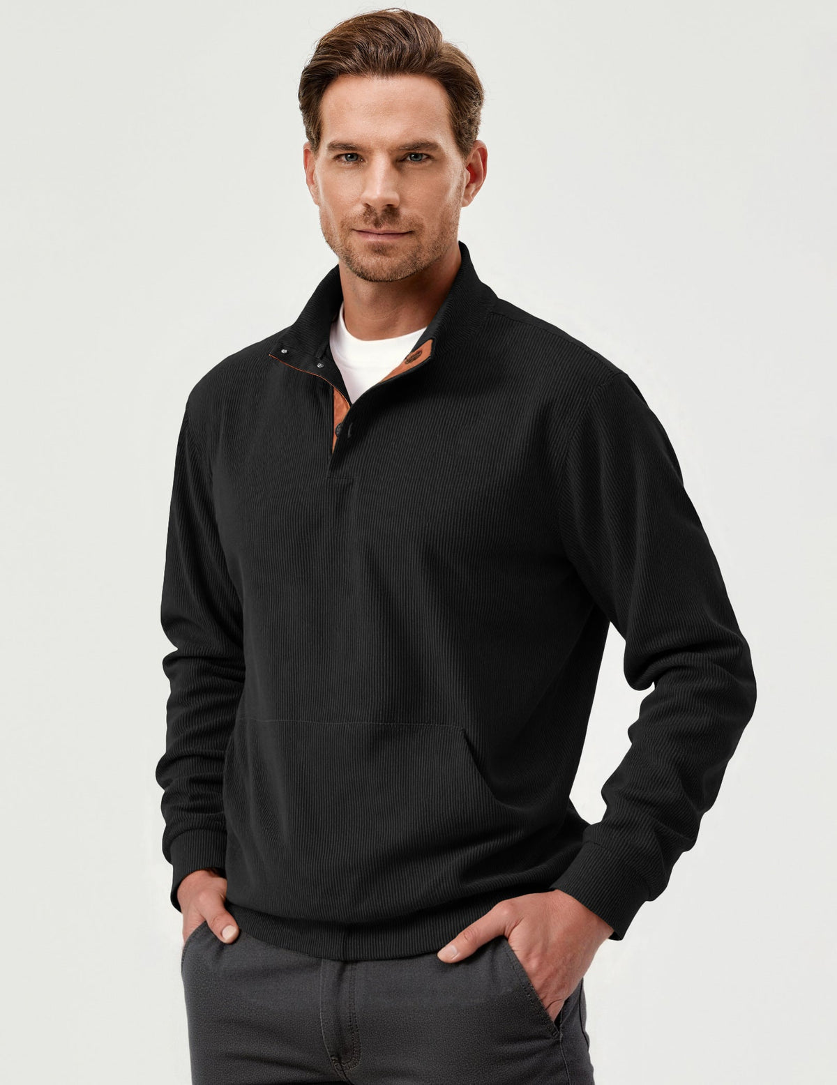 Dokotoo Men Men's Corduroy Sweatshirt Casual Long Sleeve Stand Collar Knitted Pullover Button Sweaters with Pockets