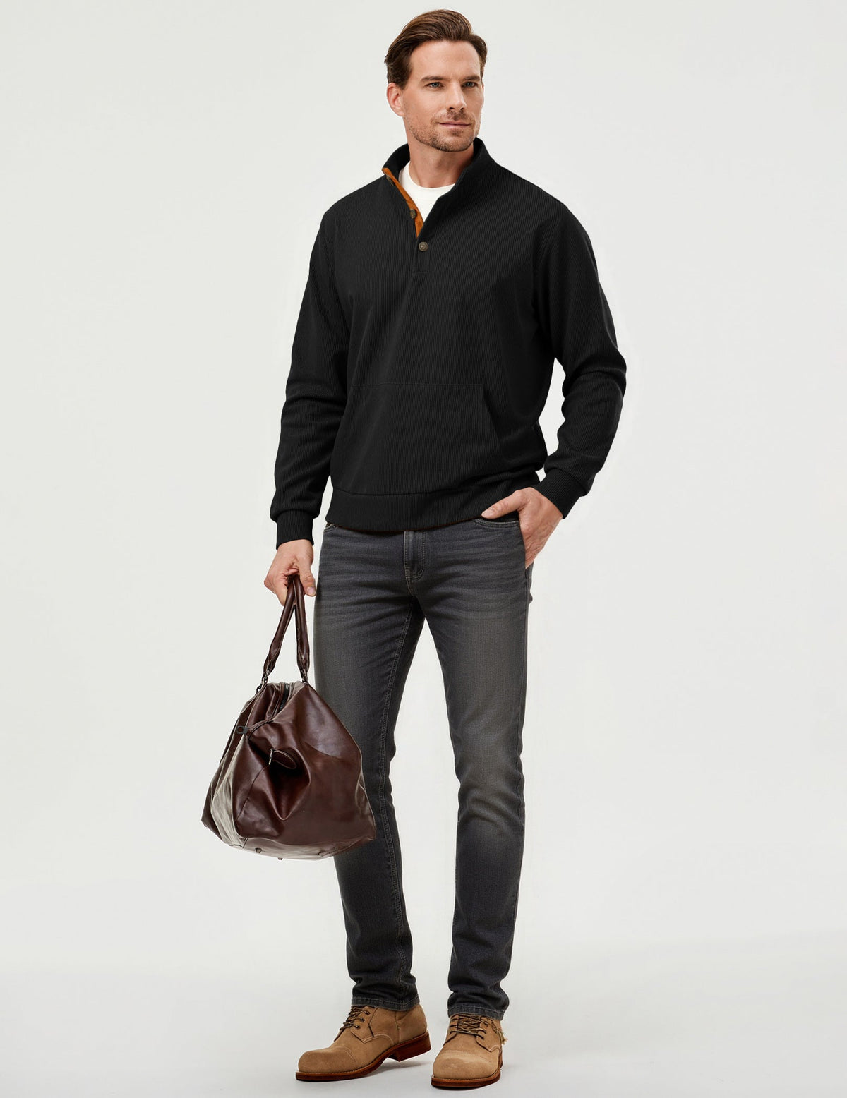 Dokotoo Men Men's Corduroy Sweatshirt Casual Long Sleeve Stand Collar Knitted Pullover Button Sweaters with Pockets