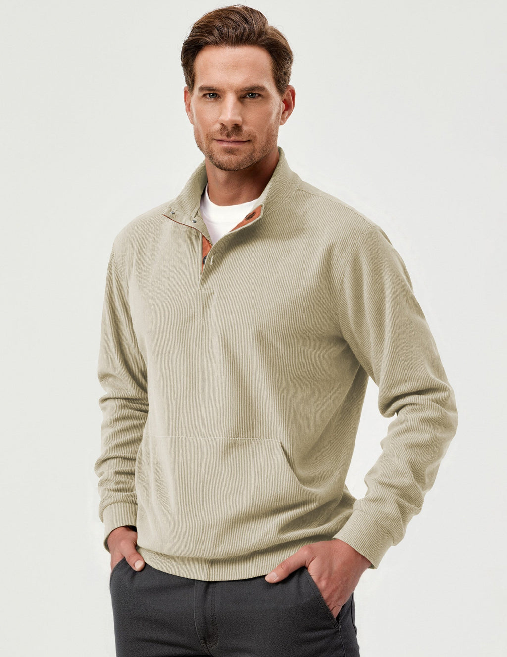 Dokotoo Men Men's Corduroy Sweatshirt Casual Long Sleeve Stand Collar Knitted Pullover Button Sweaters with Pockets