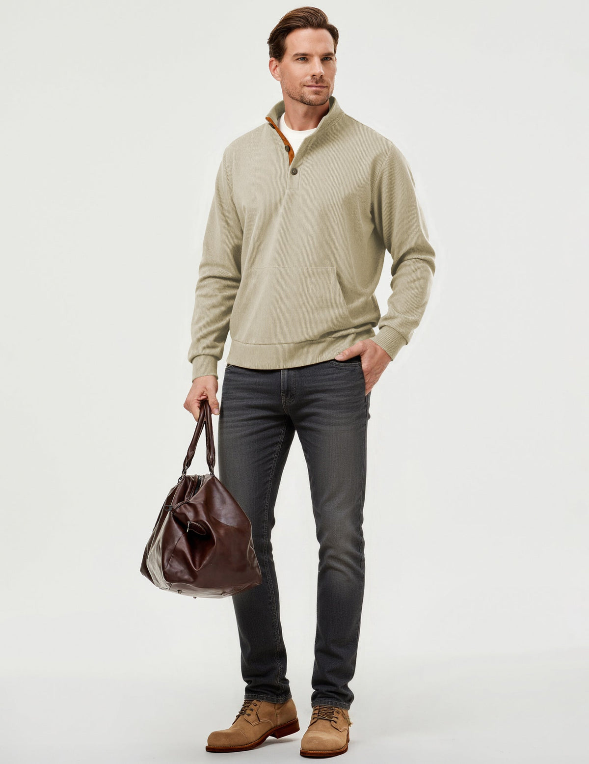 Dokotoo Men Men's Corduroy Sweatshirt Casual Long Sleeve Stand Collar Knitted Pullover Button Sweaters with Pockets
