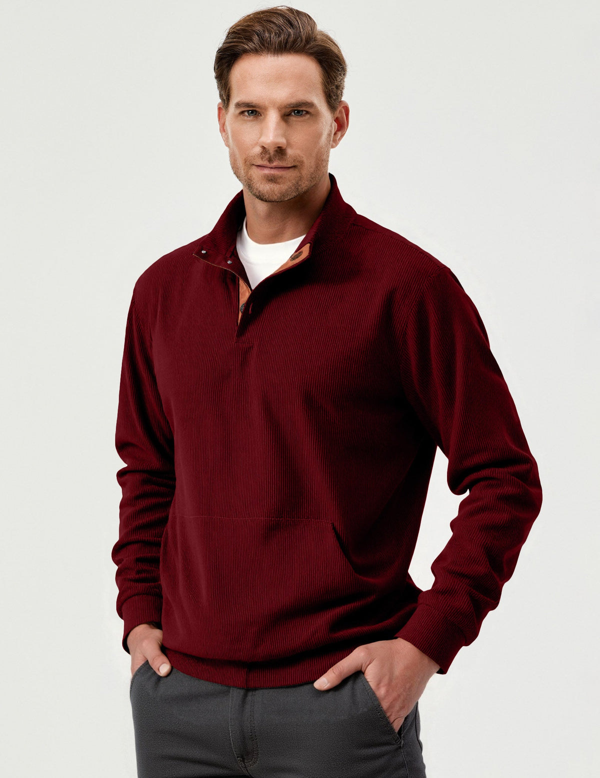 Dokotoo Men Men's Corduroy Sweatshirt Casual Long Sleeve Stand Collar Knitted Pullover Button Sweaters with Pockets