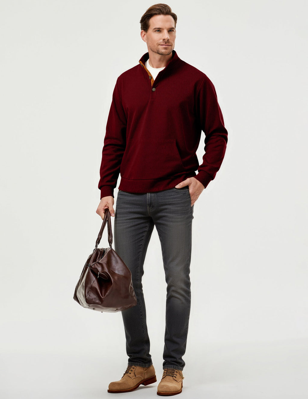 Dokotoo Men Men's Corduroy Sweatshirt Casual Long Sleeve Stand Collar Knitted Pullover Button Sweaters with Pockets