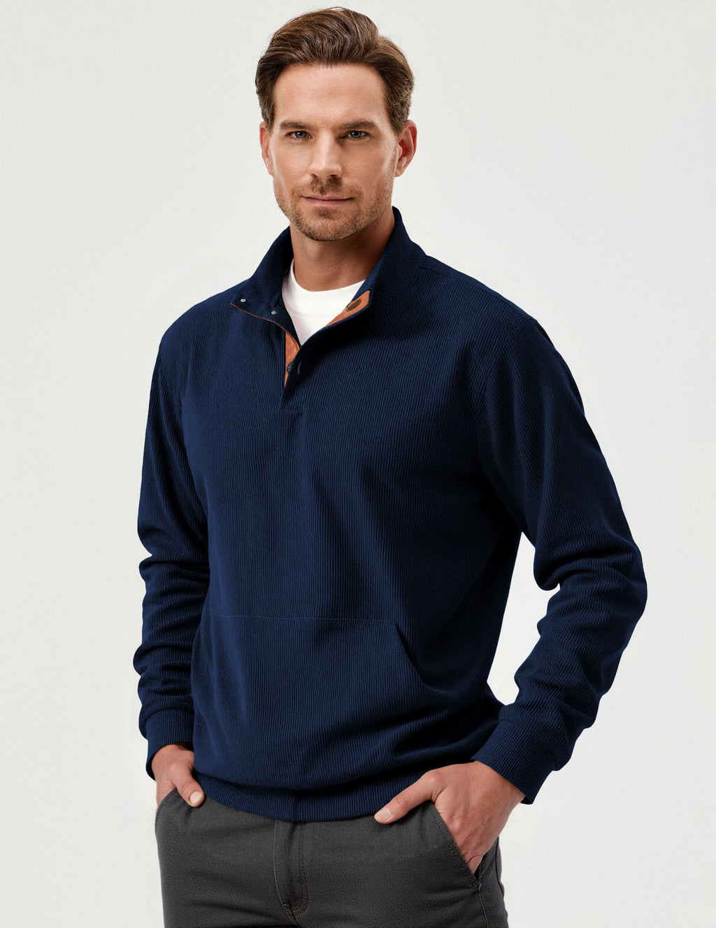 Dokotoo Men Men's Corduroy Sweatshirt Casual Long Sleeve Stand Collar Knitted Pullover Button Sweaters with Pockets