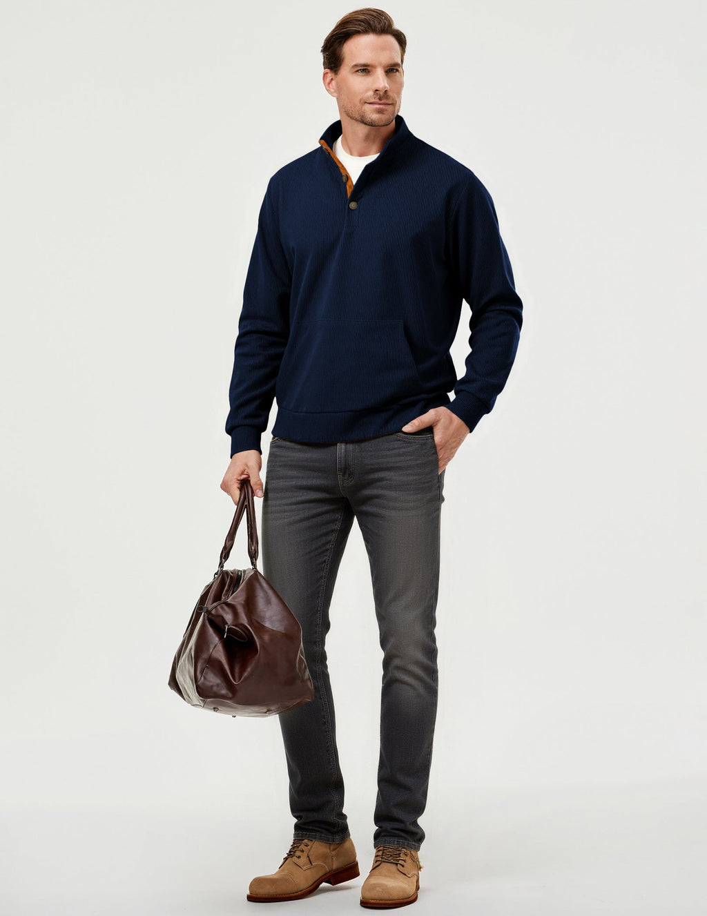 Dokotoo Men Men's Corduroy Sweatshirt Casual Long Sleeve Stand Collar Knitted Pullover Button Sweaters with Pockets