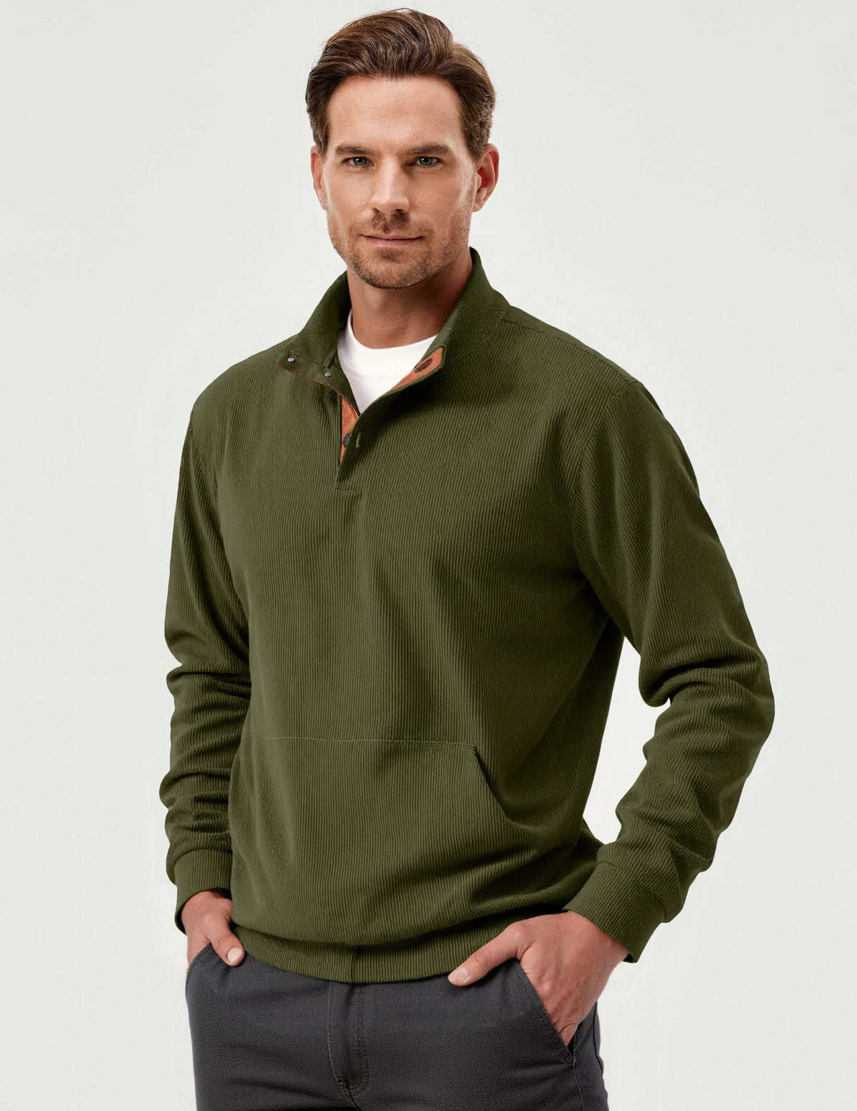 Dokotoo Men Men's Corduroy Sweatshirt Casual Long Sleeve Stand Collar Knitted Pullover Button Sweaters with Pockets
