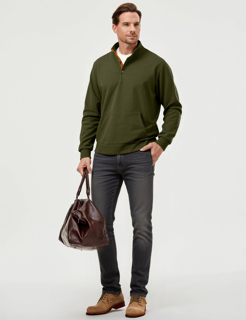 Dokotoo Men Men's Corduroy Sweatshirt Casual Long Sleeve Stand Collar Knitted Pullover Button Sweaters with Pockets