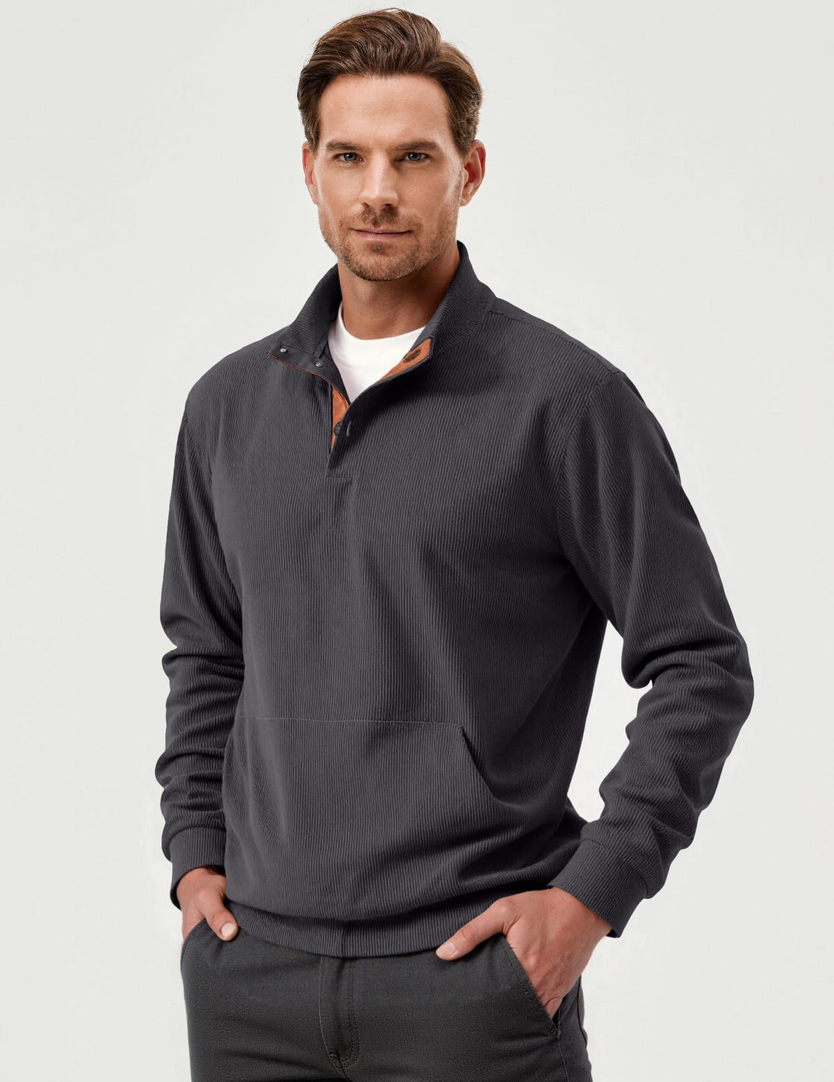 Dokotoo Men Men's Corduroy Sweatshirt Casual Long Sleeve Stand Collar Knitted Pullover Button Sweaters with Pockets
