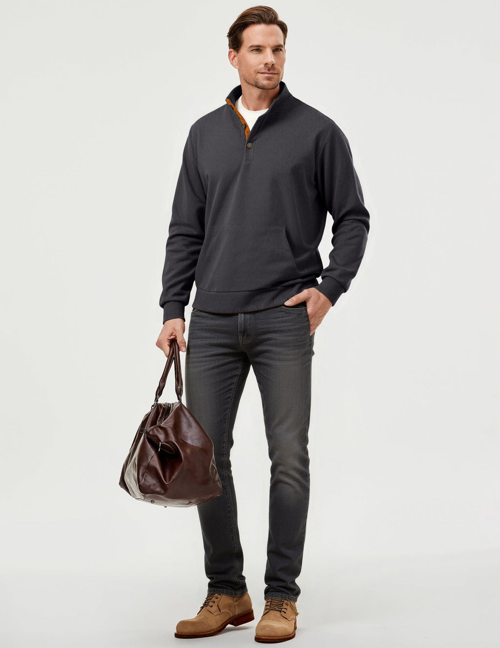 Dokotoo Men Men's Corduroy Sweatshirt Casual Long Sleeve Stand Collar Knitted Pullover Button Sweaters with Pockets