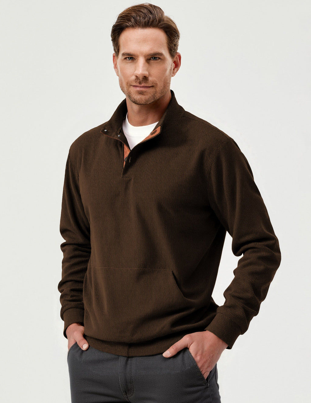 Dokotoo Men Men's Corduroy Sweatshirt Casual Long Sleeve Stand Collar Knitted Pullover Button Sweaters with Pockets