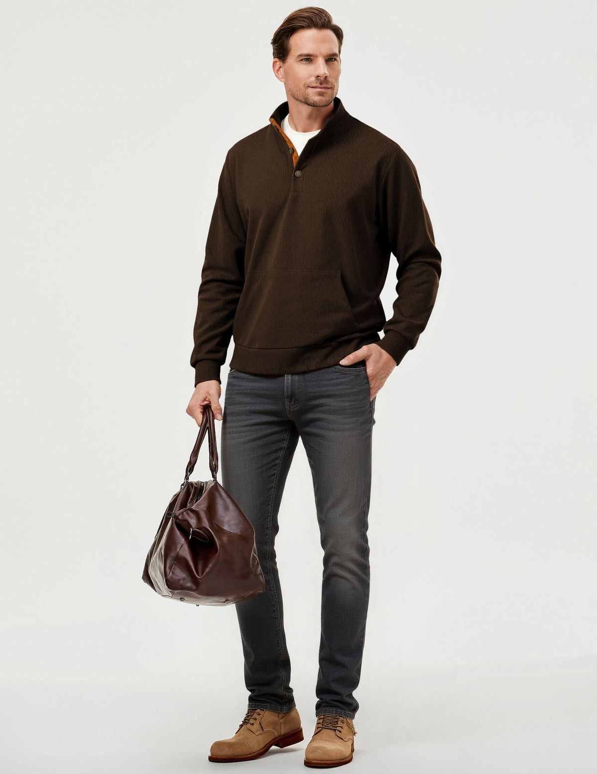 Dokotoo Men Men's Corduroy Sweatshirt Casual Long Sleeve Stand Collar Knitted Pullover Button Sweaters with Pockets