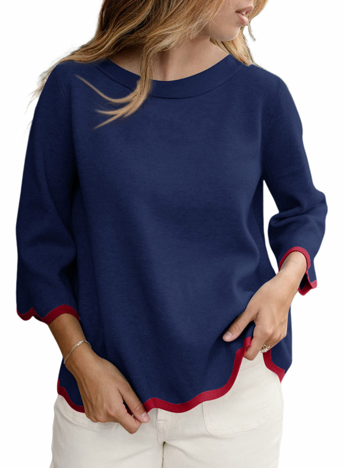 Round Neck Contrasted Wavy Trim Bracelet Sleeve Sweater