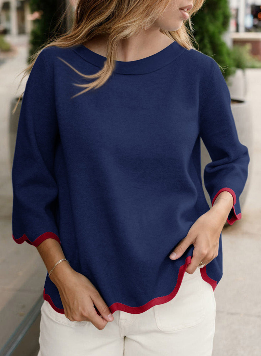 Round Neck Contrasted Wavy Trim Bracelet Sleeve Sweater