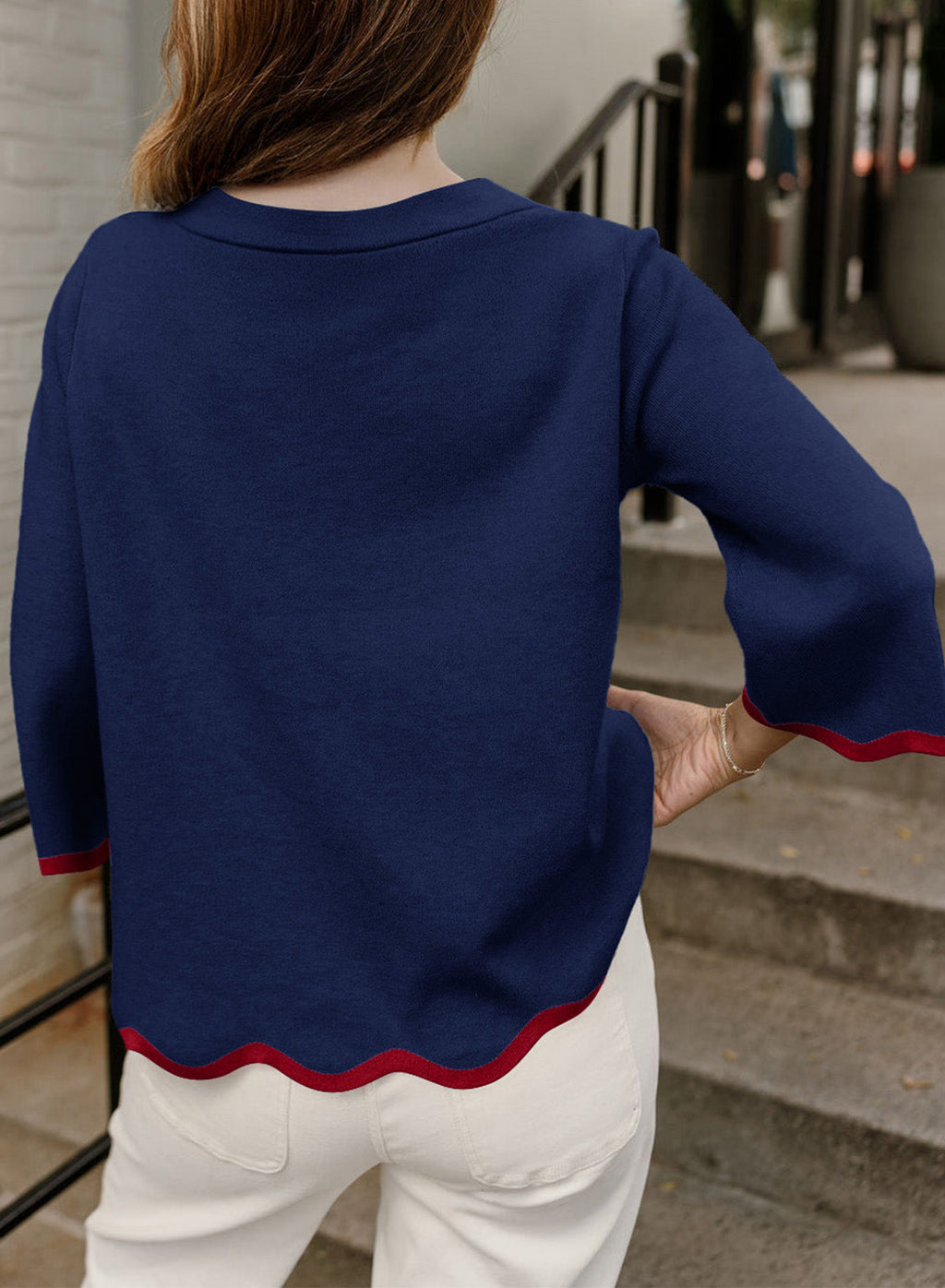 Round Neck Contrasted Wavy Trim Bracelet Sleeve Sweater