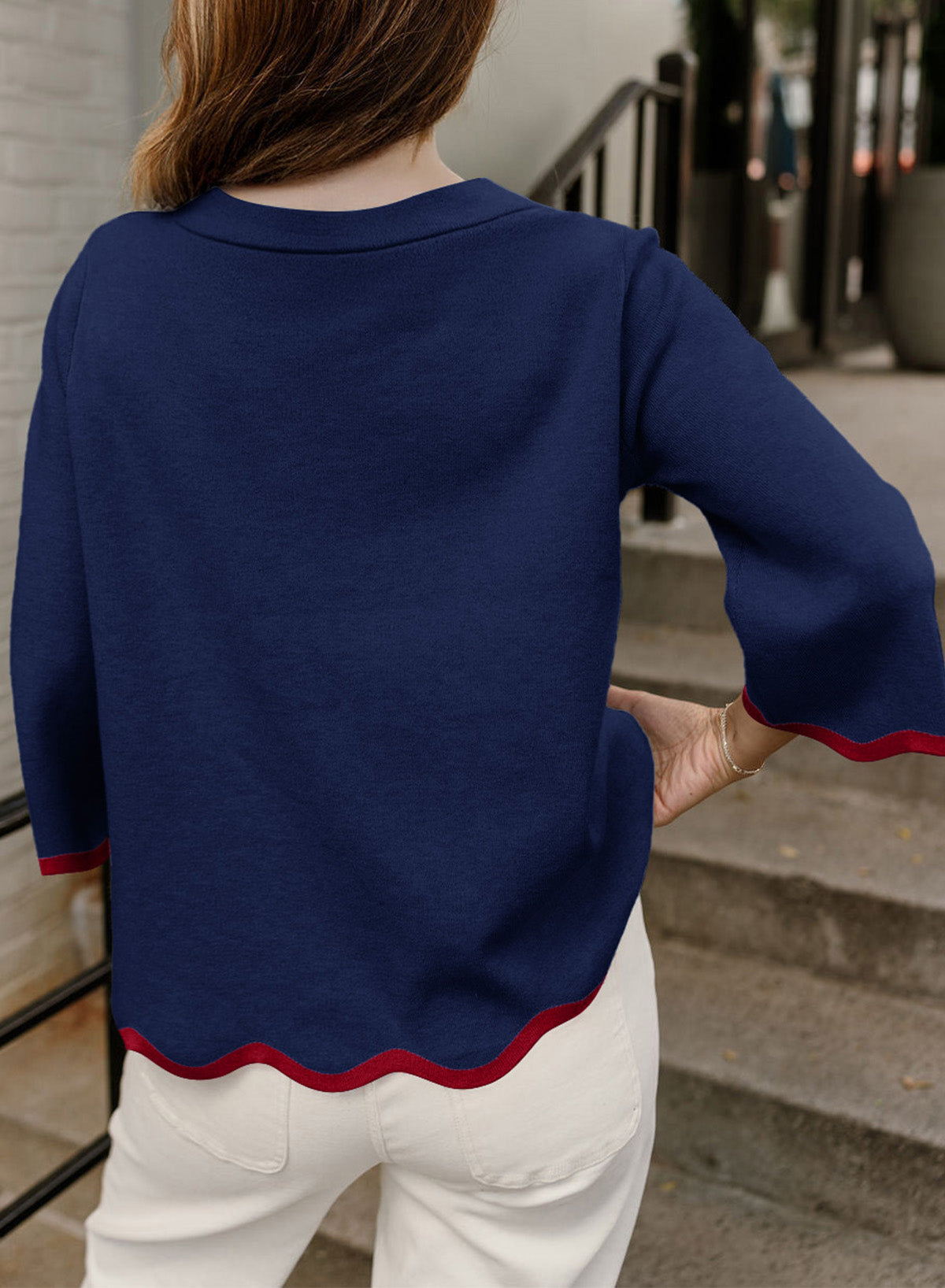 Round Neck Contrasted Wavy Trim Bracelet Sleeve Sweater