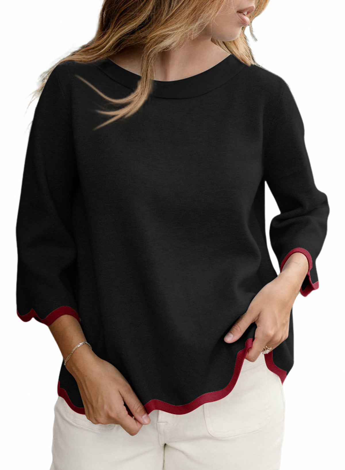 Round Neck Contrasted Wavy Trim Bracelet Sleeve Sweater