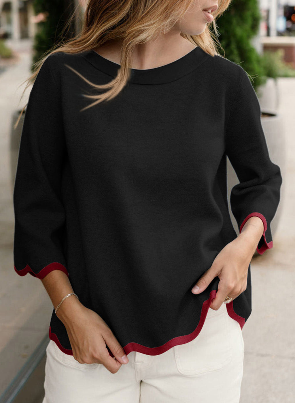 Round Neck Contrasted Wavy Trim Bracelet Sleeve Sweater