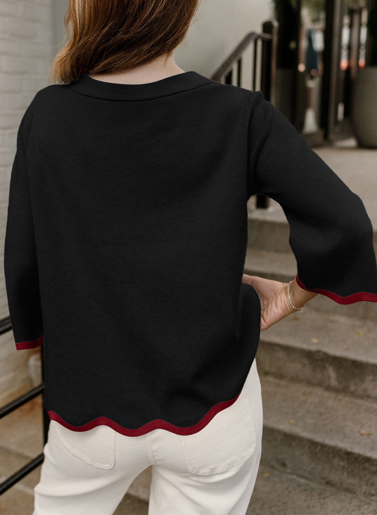 Round Neck Contrasted Wavy Trim Bracelet Sleeve Sweater