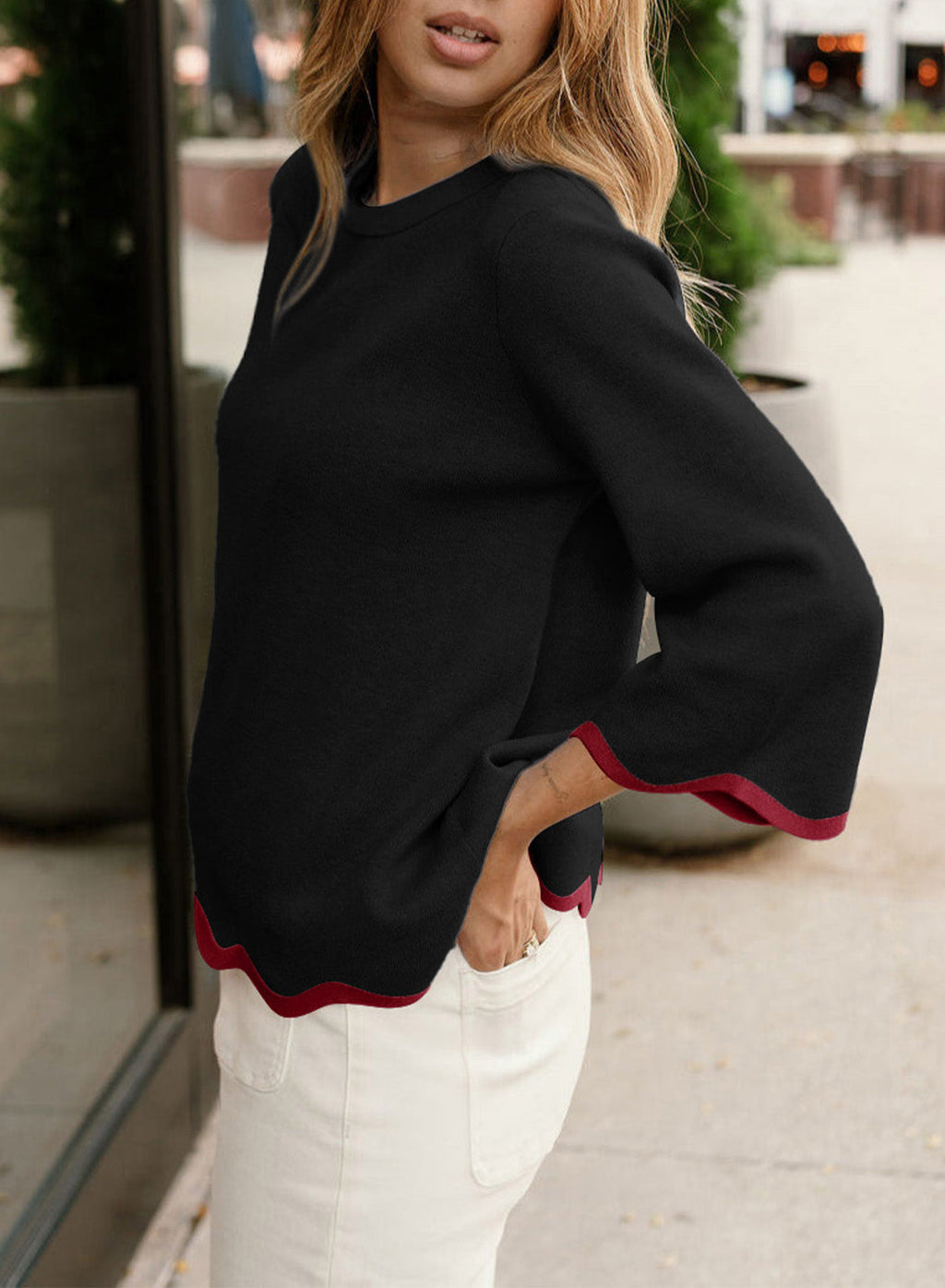 Round Neck Contrasted Wavy Trim Bracelet Sleeve Sweater