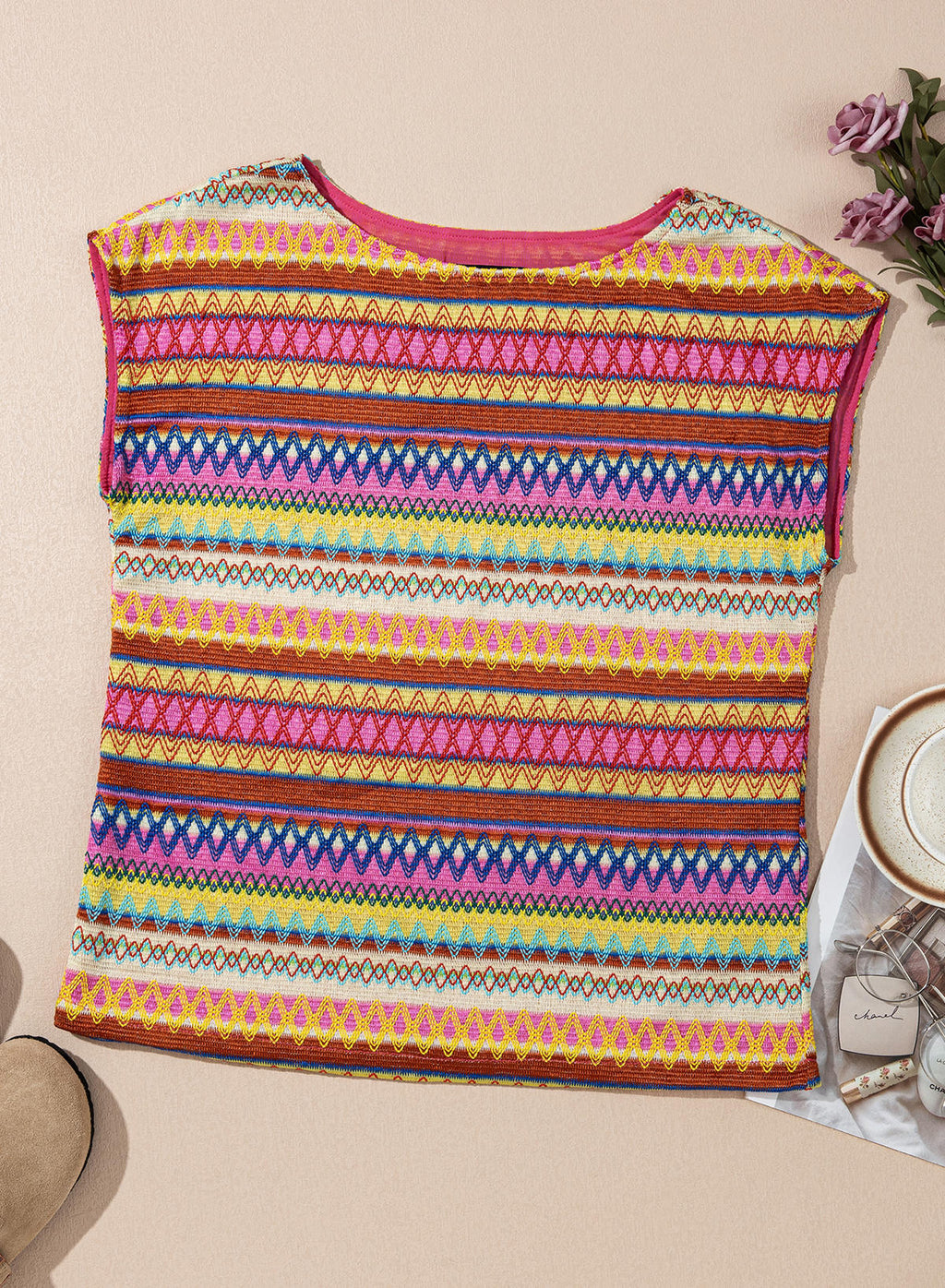 EMERY ROSE Women Geometric Print Round Neck Short Sleeve Casual T-Shirt