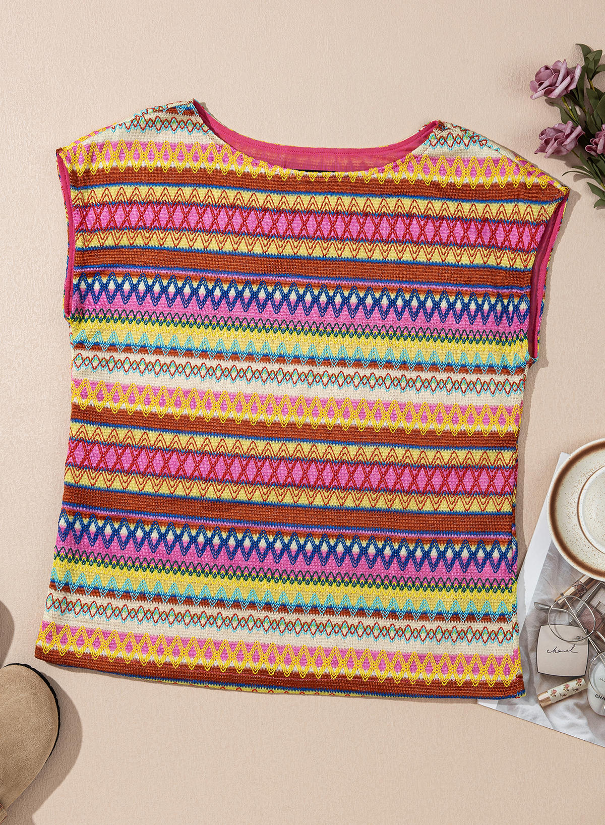 EMERY ROSE Women Geometric Print Round Neck Short Sleeve Casual T-Shirt