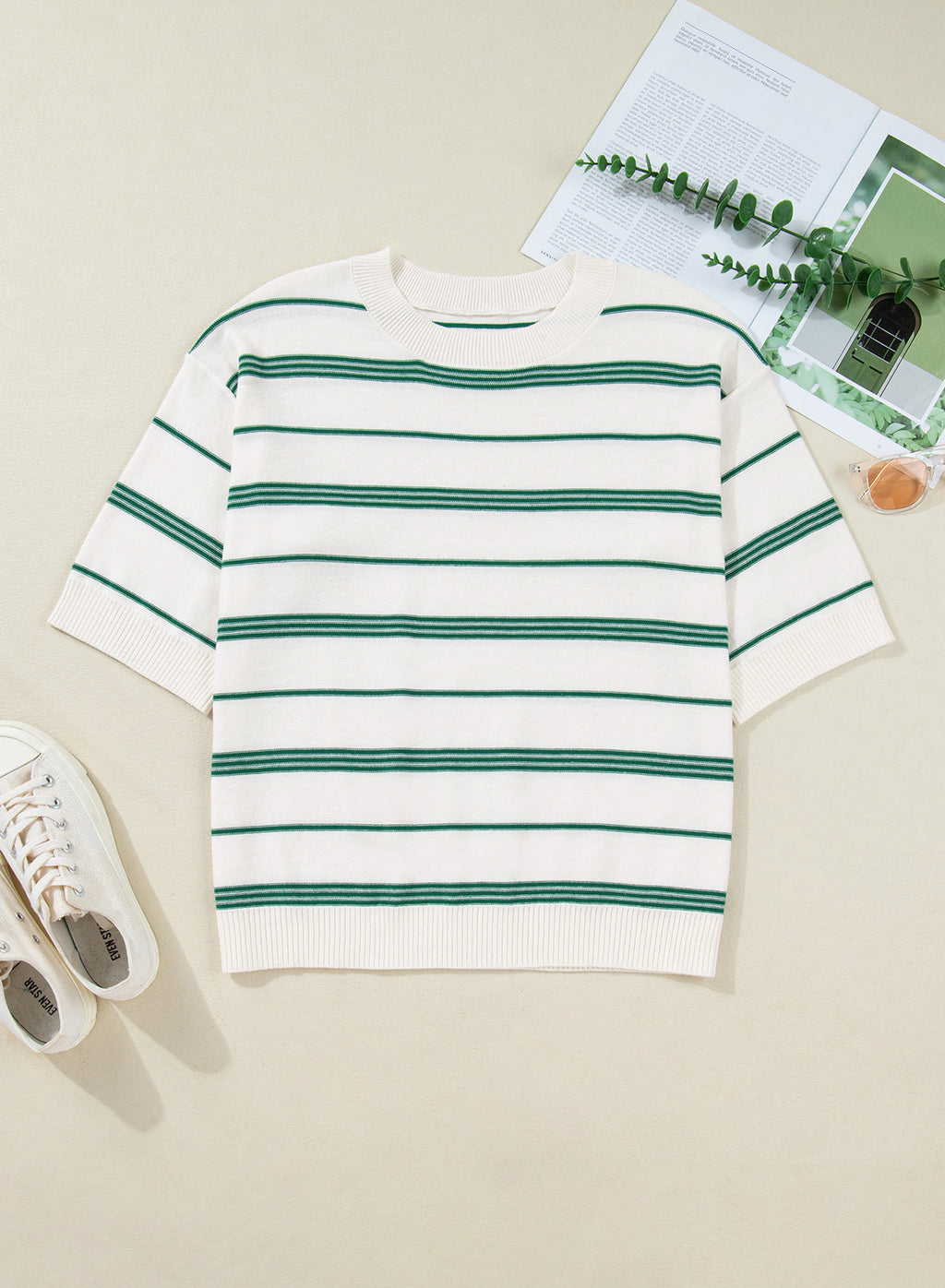 Drop Shoulder Ribbed Trim Loose Half Sleeve Sweater