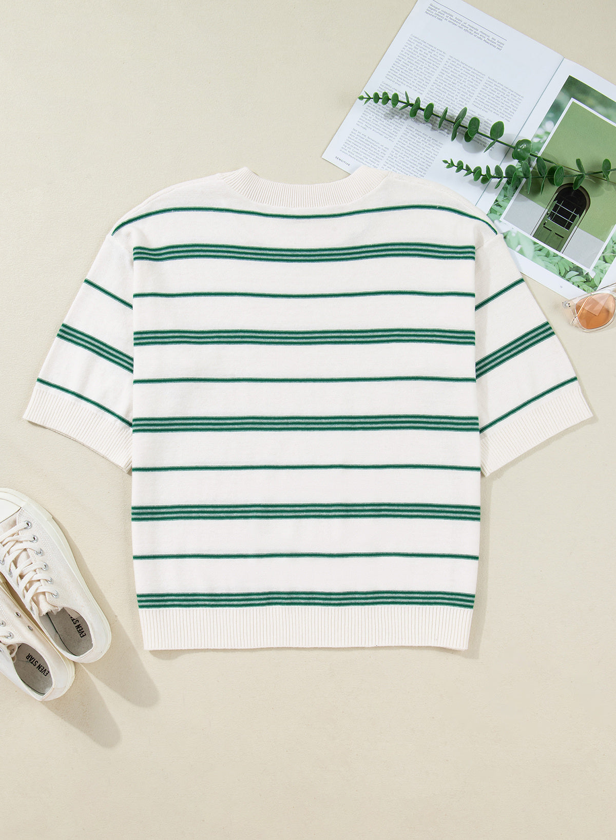 Drop Shoulder Ribbed Trim Loose Half Sleeve Sweater